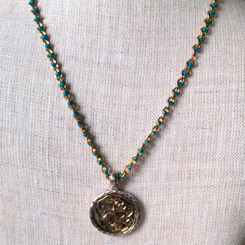 New Turquoise Pendant Necklace. Cross In Gold, Silver Bezel. Beaded, 22"+2". - Picture 5 of 7